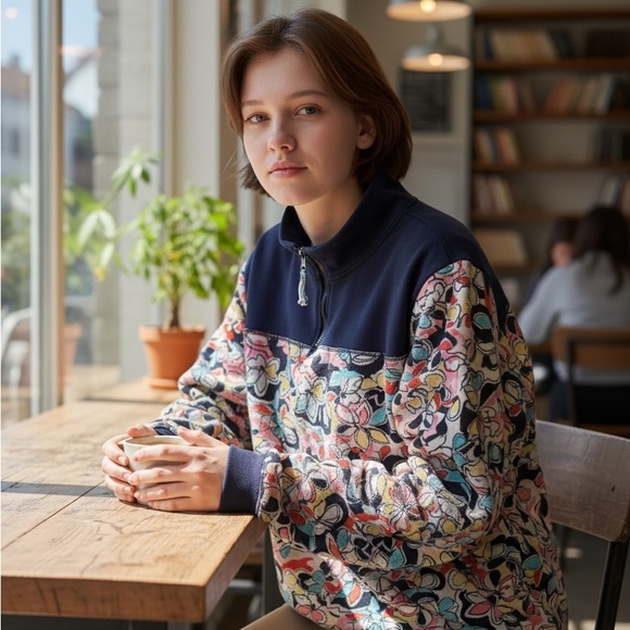 Logo Lounge Tops - Navy Floral Quarter-Zip Pullover Top